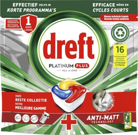 Dreft Platinum Plus All in One Anti-Matt Kapsułki do Zmywarki 16 sztuk