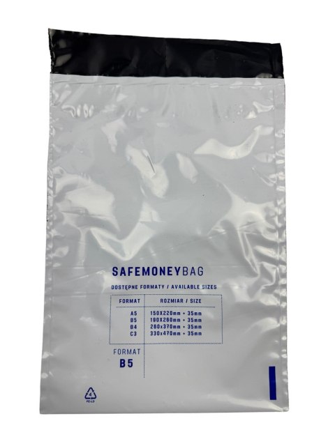 SAFEMONEYBAG Koperty bezpiecznie depozytowe transparent B5 190mmx260mm+35mm 100 szt w opakowaniu