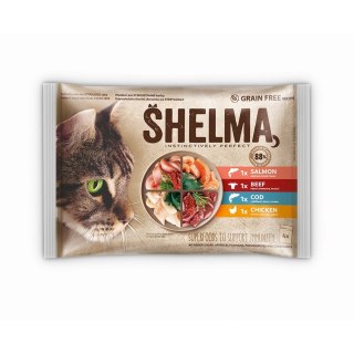 SHELMA saszetka - pełnoporcjowa bezzbożowa karma dla dorosłych kotów. Z łososiem, dorszem, wołowiną i kurczakiem 4x85g