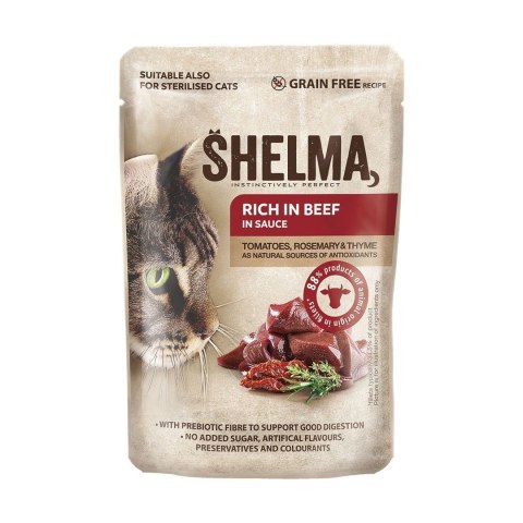 SHELMA saszetki - pełnoporcjowa bezzbożowa karma dla dorosłych kotów. Z wołowiną, kaczką, kurczakiem i indykiem. 40x85g